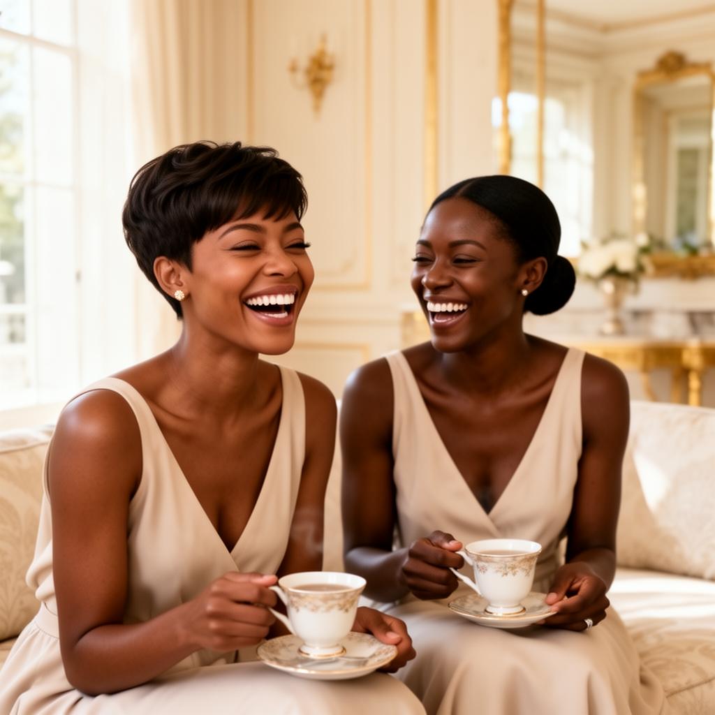 Two women laughing together over tea in a bright, airy living room
