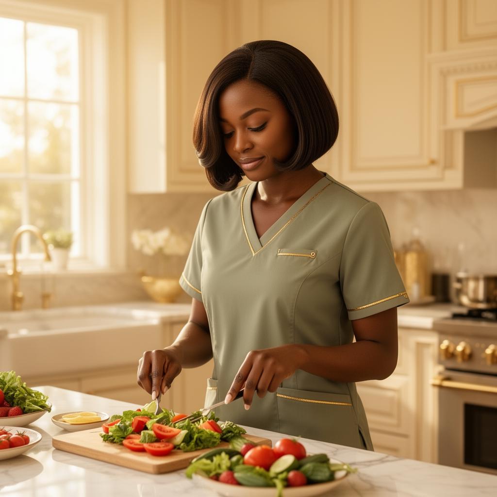 A caregiver thoughtfully preparing a fresh meal in a sunlit luxury kitchen